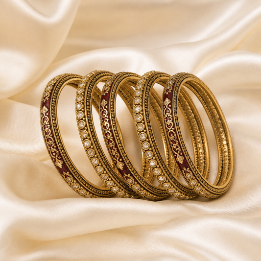 Rani burgundy and antique-gold-tone imitation bangles