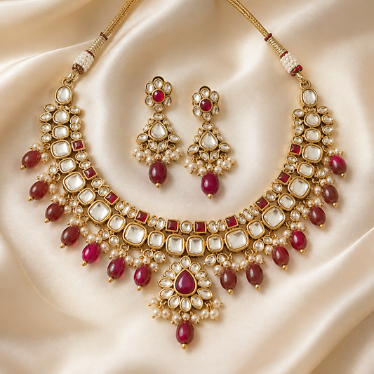 Aarohi ruby-red kundan-style imitation necklace set